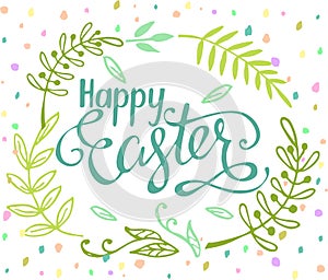 Easter wreaths. Cartoon blossom colored branches around holiday logo with cute elements of spring day. Vector