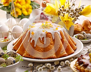 Easter yeast cake with icing and candied orange peel, delicious Easter dessert