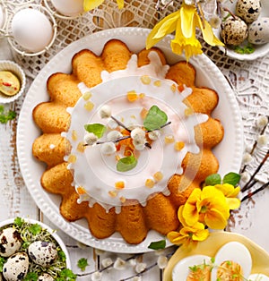 Easter yeast cake with icing and candied orange peel, delicious Easter dessert