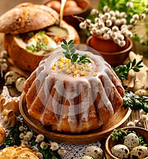 Easter yeast cake with icing and candied orange peel, delicious Easter dessert