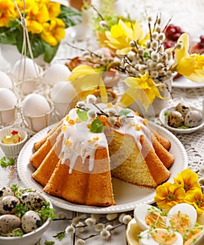 Easter yeast cake with icing and candied orange peel, delicious Easter dessert