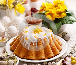 Easter yeast cake with icing and candied orange peel, delicious Easter dessert