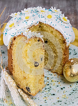Easter yeast cake with icing and candied orange peel, delicious Easter dessert, traditional Easter pastries in Eastern Europe