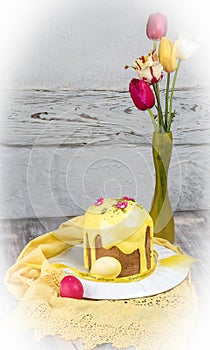 Easter yeast cake with icing and candied orange peel, delicious Easter dessert, traditional Easter pastries in Eastern Europe