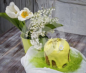 Easter yeast cake with icing and candied orange peel, delicious Easter dessert, traditional Easter pastries in Eastern Europe