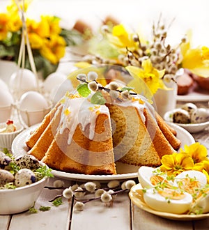 Easter yeast cake with icing and candied orange peel, delicious Easter dessert