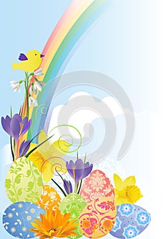 Easterbackground with flowers and eggs.