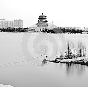 Eastern Asian Eastern landscape pavilions, terraces and open halls spring willow waterscape water waterside pavilion misty partly