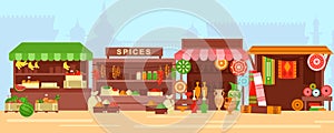 Eastern bazaar, street market flat vector illustration. Empty arabic marketplace panorama with stalls and no people