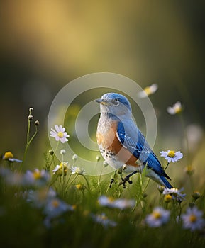 Eastern Bluebird in a Meadow . AI generated Illustration