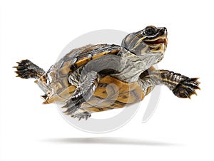 Eastern box turtle leaping, textured iridescent background, dynamic pose, extended head, open mouth, shadowy underside, soft