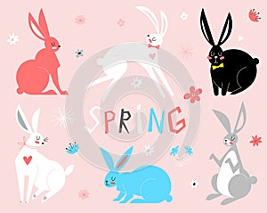 Eastern bunny vector illustration. Rabbits in cartoon style. Vector illustration. Hare and rabbit colorful animals