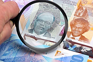 Eastern Caribbean money in a magnifying glass