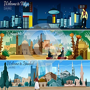 Eastern Cityscape 3 Flat Banners Set