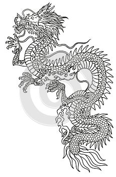 Eastern Dragon line art. Side view. Black and white