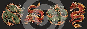 Eastern dragons set emblems colorful