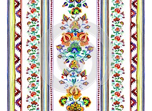 Eastern european embroidery motif - seamless floral border with decorative flowers, stripes. Watercolor