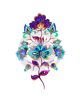 Eastern european fairy flowers. Watercolor floral pattern of folk art ornament