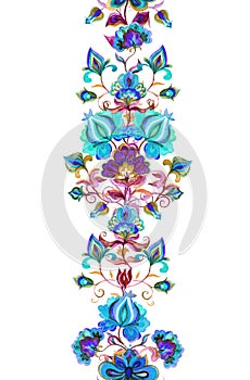 Eastern european floral decor - decorative flowers at dark background. Seamless floral border. Watercolor stripe