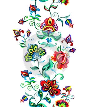 Eastern european floral decor - decorative flowers at dark background. Seamless floral border. Watercolor stripe