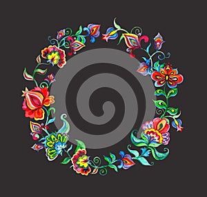 Eastern european floral wreath - round border with stylized flowers. Watercolor circle at dark background