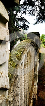 Eastern European hardened concrete fence with moss.