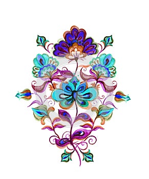 Eastern european ornate flowers. Watercolor motif - floral embroidery