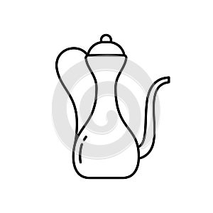 Eastern jug or kumgan. Linear icon of antique copper pitcher. Black simple illustration of arabic or muslim dishes with graceful photo