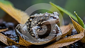 Eastern Narrow-Mouthed Toad Camouflaged Among Wet Leaves in Morning Mist photo