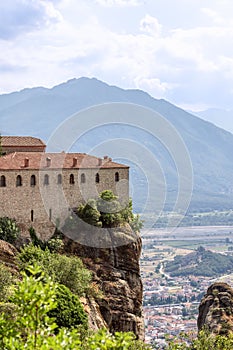 Eastern Orthodox Monastery of St. Stephen, nowadays a nunnery, is situated on the top of a sheer cliff. Kalambaka, Meteora, Greece