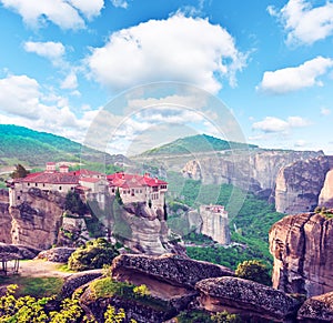 Eastern Orthodox Monastery of Varlaam in holy complex in the famous valley of the Meteora rocks in Greece. Great amazing world.