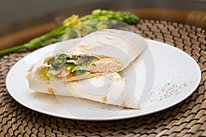 Eastern roll pita with vegetables, meat. Eastern quisine photo