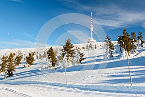 Eastern Sudetes, Praded Relay station at the top of the mountain, winter landscape