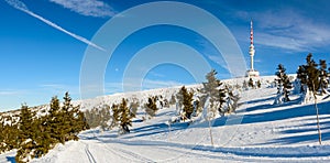 Eastern Sudetes, Praded Relay station at the top of the mountain, winter landscape