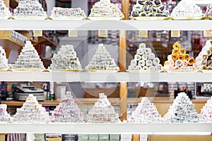 Eastern sweets on big shop window. Traditional Turkish confections.