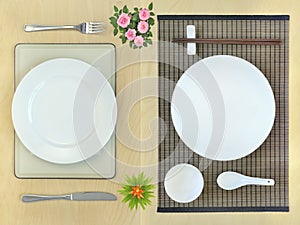 Eastern and western dining table place-settings