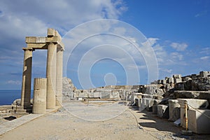 Eastern wing of the Hellenistic stoa on the Acropolis of Lindos. Rhodes Island, Dodecanese, Greece