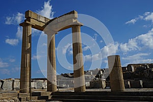 Eastern wing of the Hellenistic stoa on the Acropolis of Lindos. Rhodes Island, Dodecanese, Greece