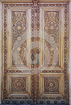 Eastern wooden door with ornament. Islamic ornament