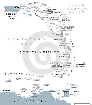 Eastern Caribbean islands, Leeward and Windward Islands, gray political map photo
