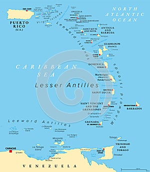 Eastern Caribbean islands, Leeward and Windward Islands, political map photo