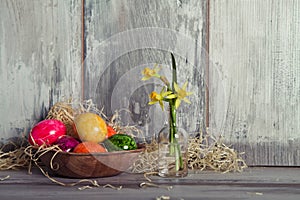 Easters egg in wooden dish