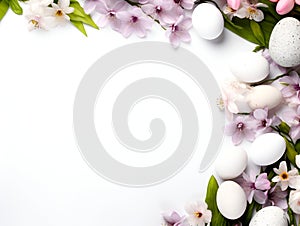 Easters and flowers spread around the white copy space frame