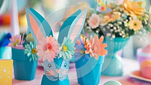 An Easterthemed arts and crafts station for kids to create bunny masks and paper flower bouquets