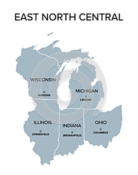 East North Central states in the Midwest region of USA, gray political map photo