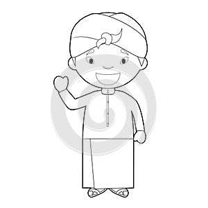 Easy coloring cartoon character from Indonesia dressed in the traditional way Vector Illustration