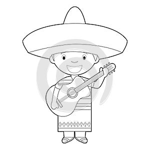 Easy coloring cartoon character from Mexico dressed in the traditional mariachi singer way with guitar. Vector Illustration