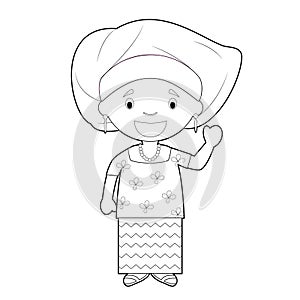 Easy coloring cartoon character from Nigeria dressed in the traditional way with a gele hat. Vector Illustration