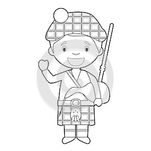 Easy coloring cartoon character from Scotland dressed in the traditional way with kilt and bagpipes. Vector Illustration