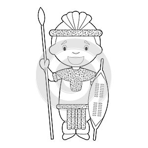 Easy coloring cartoon character from South Africa dressed in the traditional way of the Zulu Tribe. Vector Illustration